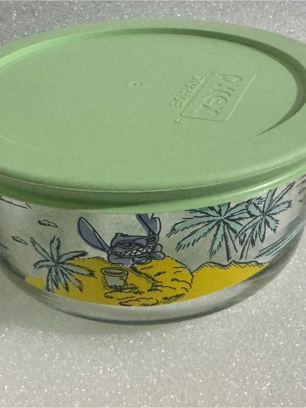 Pyrex Clear Glass Container with Pastel Green Lid Disney Stitch